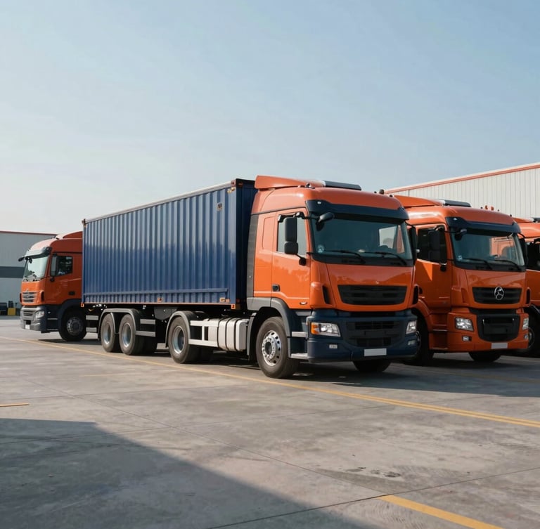 Cinematic industrial photography of a modern cargo truck fleet parked at a clean, high-bay distribution terminal, crisp morning daylight, navy and orange accent tones, wide-angle lens
