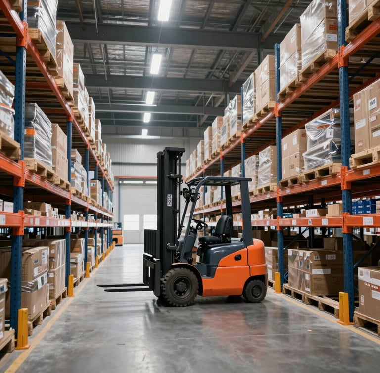Interior of a modern, highly organized high-bay logistics warehouse with high shelves and a forklift in motion, clean industrial lighting, navy and orange accents