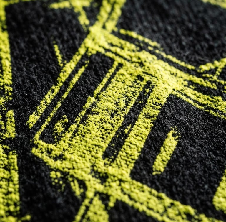 Macro shot of high-contrast screen-printing texture on thick black cotton fabric, dramatic studio lighting with deep shadows, neon yellow ink detail, 35mm