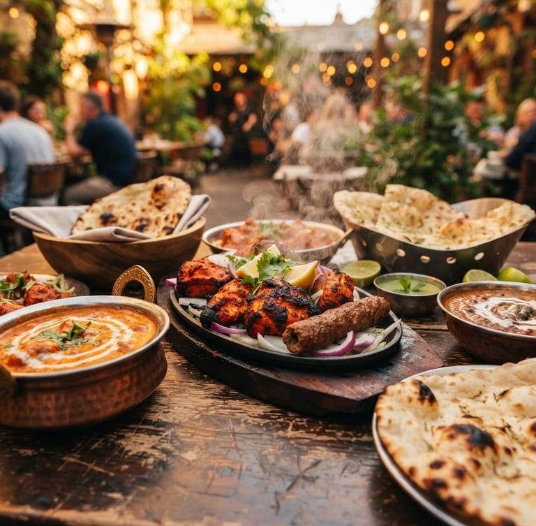 Close-up of steaming hot North Indian tandoori dishes on a rustic wooden table, warm golden hour light, shallow depth of field, 35mm restaurant photography