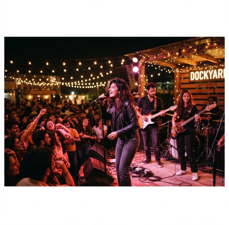 A high-energy portrait of DockYard's outdoor stage in Gurugram, warm festoon lights glowing against the night sky, a live band performing with instruments, energetic atmosphere, 35mm photography
