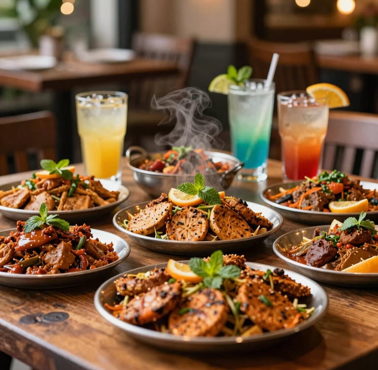 A vibrant close-up of freshly fired multi-cuisine dishes on a rustic wooden table, steaming hot tandoori platters, colorful mocktails with fresh mint and citrus garnishes, warm festive lighting, shallow depth of field