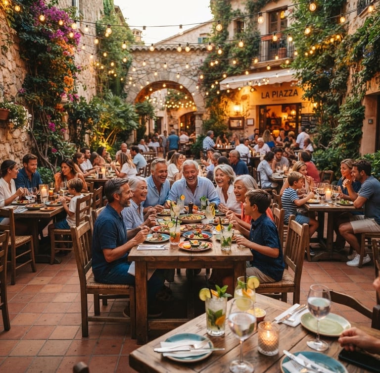 Wide shot of a bustling outdoor restaurant courtyard at golden hour, warm string lights glowing overhead, families dining at robust wooden tables, fresh mocktails with mint and citrus on the tables, no alcohol, warm editorial photography, 35mm