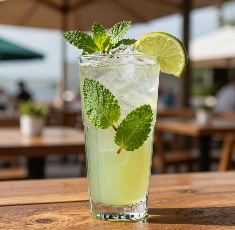 Vibrant tropical mocktail with fresh mint leaves, sliced lime, and crushed ice in a tall glass, bright outdoor daylight, shallow depth of field