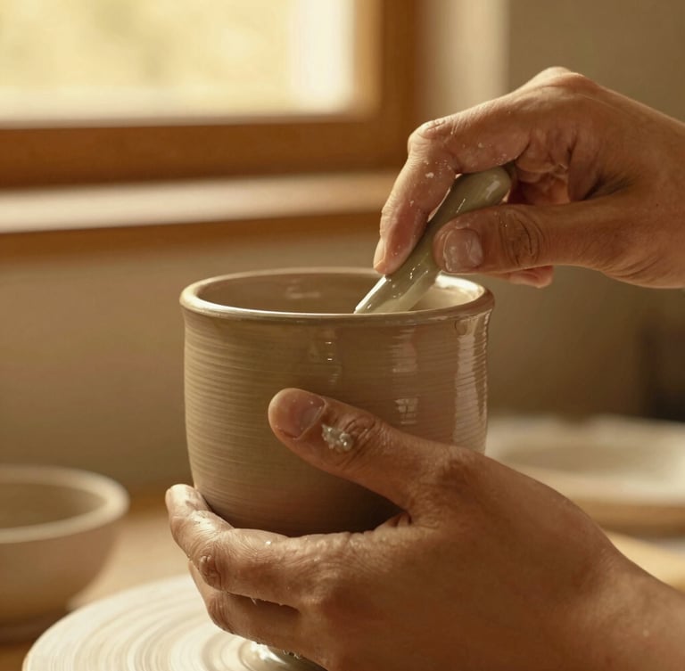 Close-up portrait shot of hands applying glaze to a chunky stoneware mug, warm golden light, shallow depth of field, rich saturated cozy tones, thumb-press glazes visible