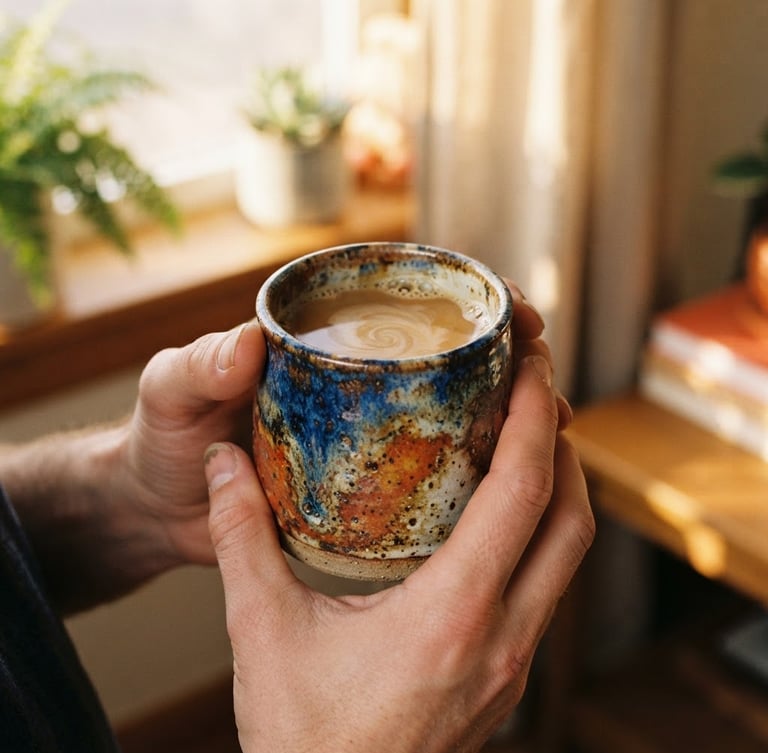 Warm, close-up photo of a chunky, colorful stoneware mug held in two hands, in morning golden-hour window light, shallow depth of field, rich saturated cozy tones, 35mm.