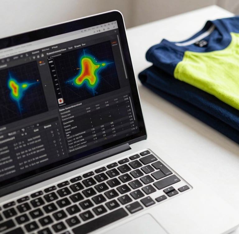 Close-up of a modern clean workspace with a laptop displaying user session recordings and heatmaps, subtle details of folded premium apparel in the background, sharp focus, natural daylight