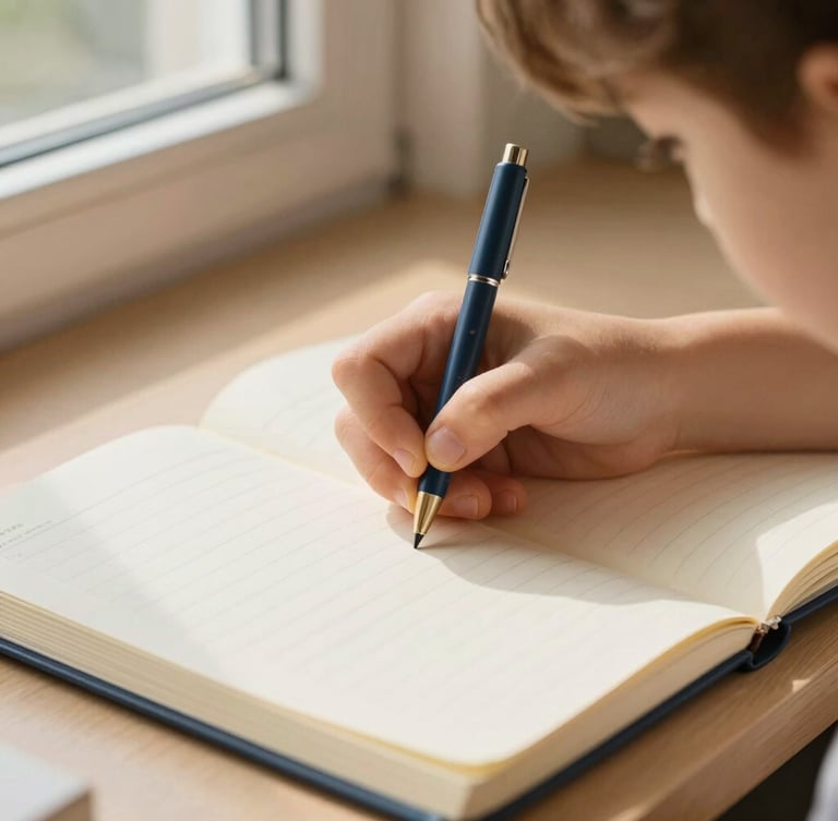 Close-up of a child's hands writing carefully in a structured notebook, high-quality thick paper, warm soft sunlight from a side window, elegant educational setting, 35mm