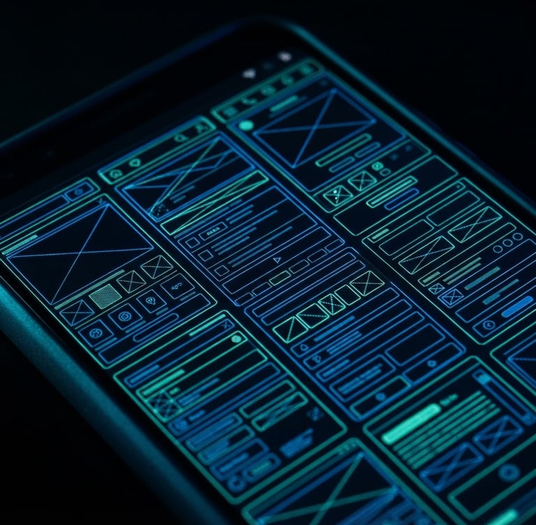 Extreme close-up macro shot of a physical Android screen displaying high-fidelity vector UI wireframes, illuminated by vibrant electric blue and mint green neon rim lights in a dark studio setting.