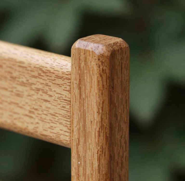 Extreme close-up of an immaculate finger joint in natural oak wood, soft diffused daylight, architectural precision, 35mm