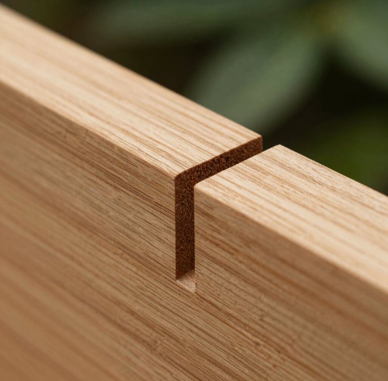 Extreme macro shot of a perfect wooden dowel joint in light oak, flawless alignment, soft side daylight, architectural precision, 35mm