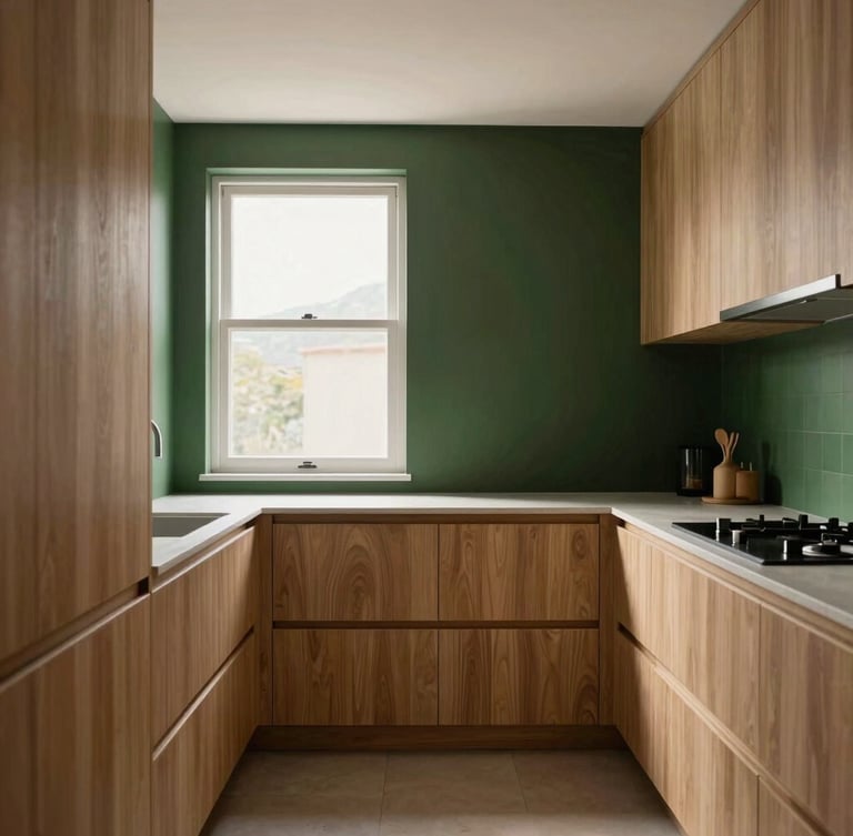 Architectural straight-on perspective of a minimalist kitchen with custom oak cabinetry, soft daylight from a side window, clean lines, 35mm