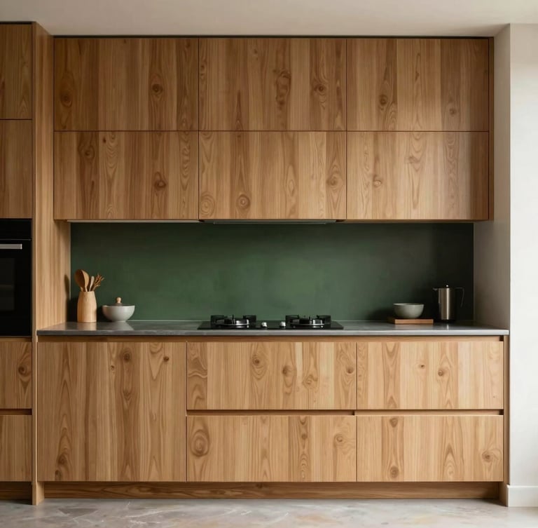 Straight-on architectural photograph of a minimalist luxury kitchen with warm oak cabinetry, clean lines, seamless joints, soft natural daylight, 35mm