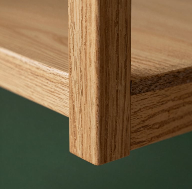 Close-up of immaculate wood joint, soft natural daylight, rich oak grain, contemporary architectural detail, shallow depth of field, 35mm