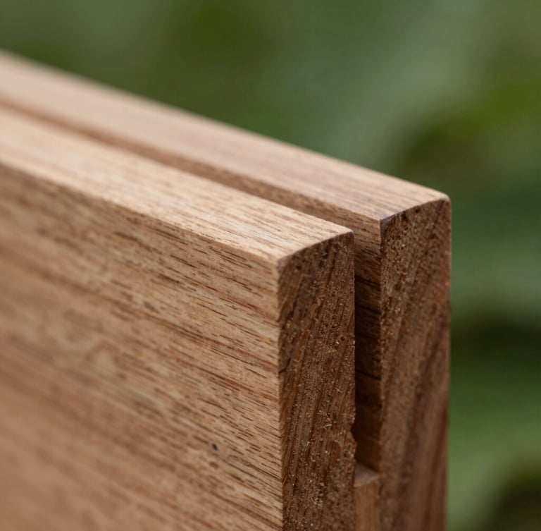 Close-up macro shot of a perfect mortise and tenon wood joint, raw certified walnut wood, soft natural daylight, shallow depth of field, rich textures.