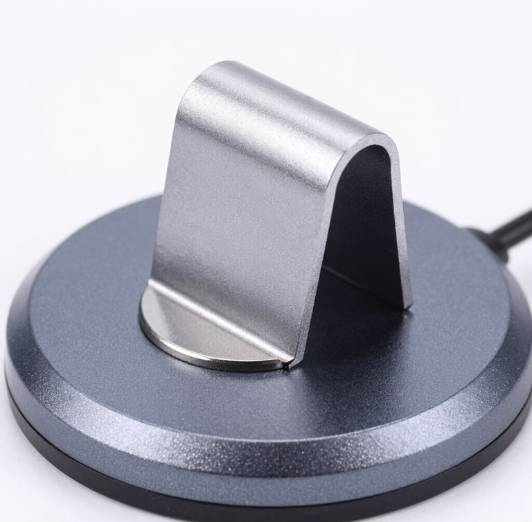 Macro product shot of a matte silver magnetic cable organizer snapping onto a deep charcoal anodized aluminum base, sharp studio strobe lighting, crisp highlights.