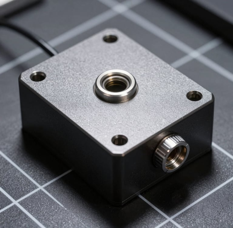 Macro overhead shot of matte charcoal metal modular power block on a gridded desk, high-contrast studio strobe lighting, sharp shadows, technical vibe
