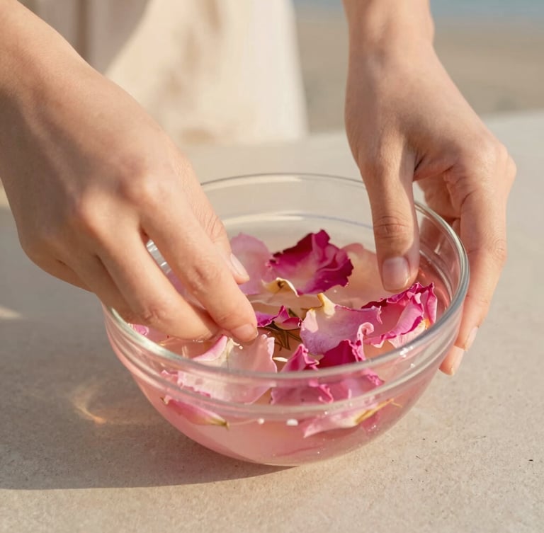 Close-up of hands gently mixing a pink rose petal infusion in a glass bowl, warm golden-hour coastal sunlight, soft shadows, 35mm