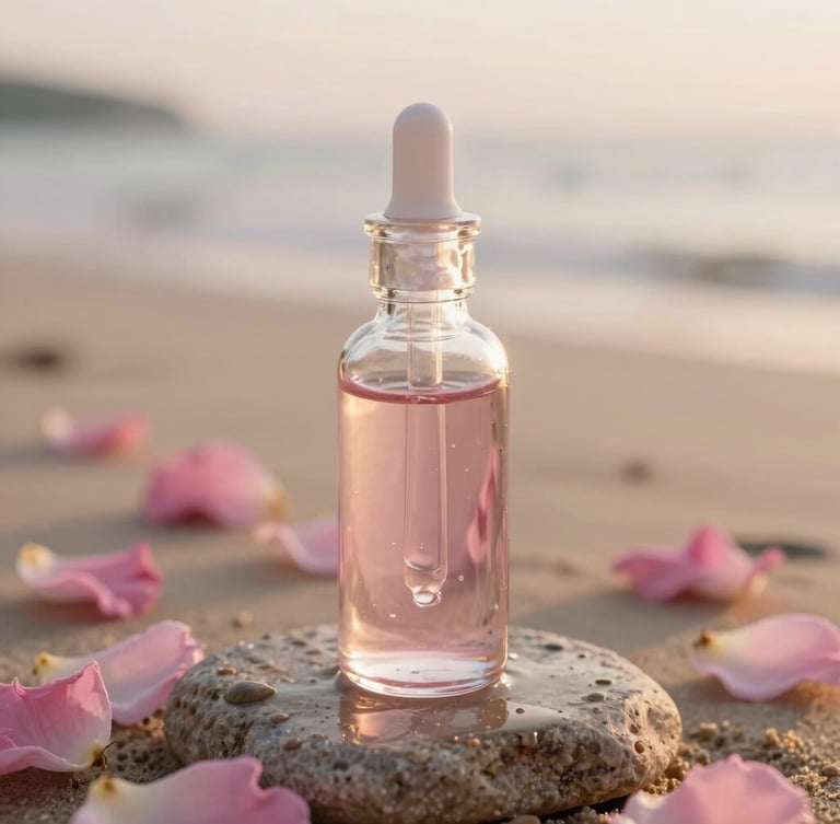 Close-up of a glass dropper bottle with natural rose water on a wet stone, golden-hour light, soft pink petals in background, 35mm