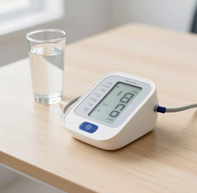 A modern blood pressure monitor sitting on a clean wooden table next to a glass of water, bright natural indirect daylight, clean clinical photography