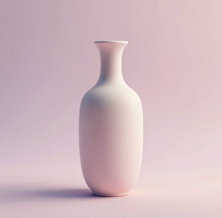 Ultra-sharp 8k render of a minimalist ceramic vase on a pastel gradient background, soft studio lighting, architectural lines, elegant presentation