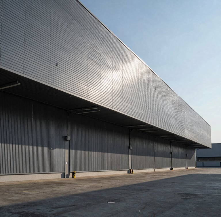Wide imposing architectural perspective of a modern logistics terminal, sharp shadows, cool-toned daylight, high contrast, structural gray lines.