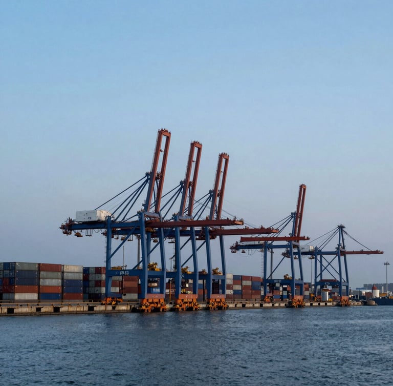 Wide panoramic view of a deep-water cargo port at dawn, towering container cranes, stacked steel containers, cool blue and gray tones, high contrast, negative space in sky.