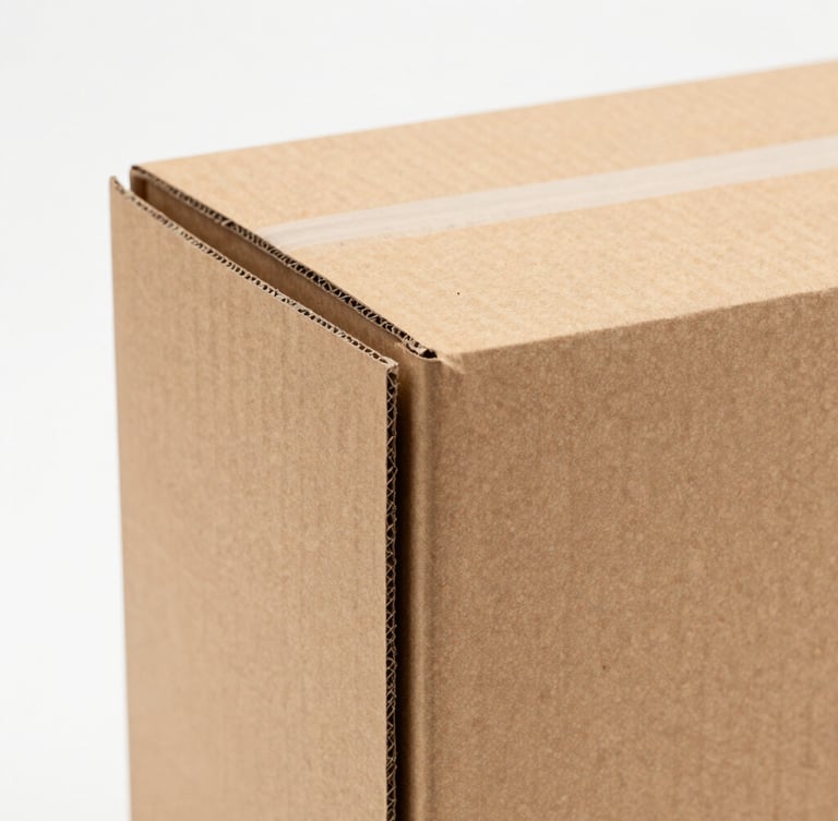 Macro shot of a heavy-duty cardboard packaging box designed for vinyl records, showing thick protective multi-layer edges on a clean white studio background