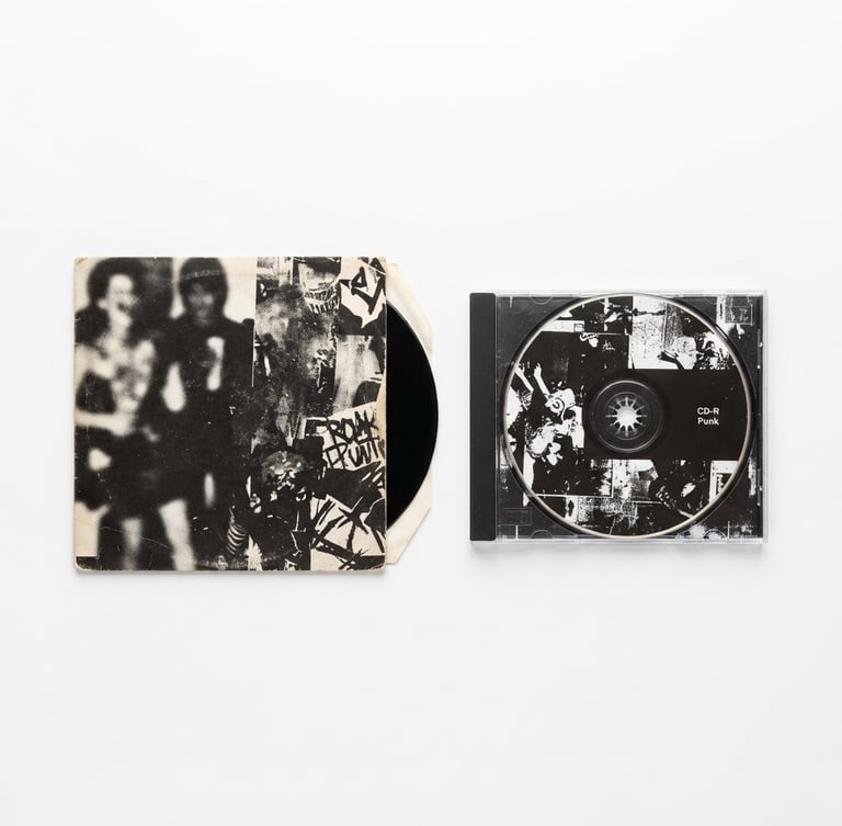 Straight-on flat lay of a rare punk rock vinyl sleeve and a CD jewel case on a pure white background, bright even studio lighting, sharp details