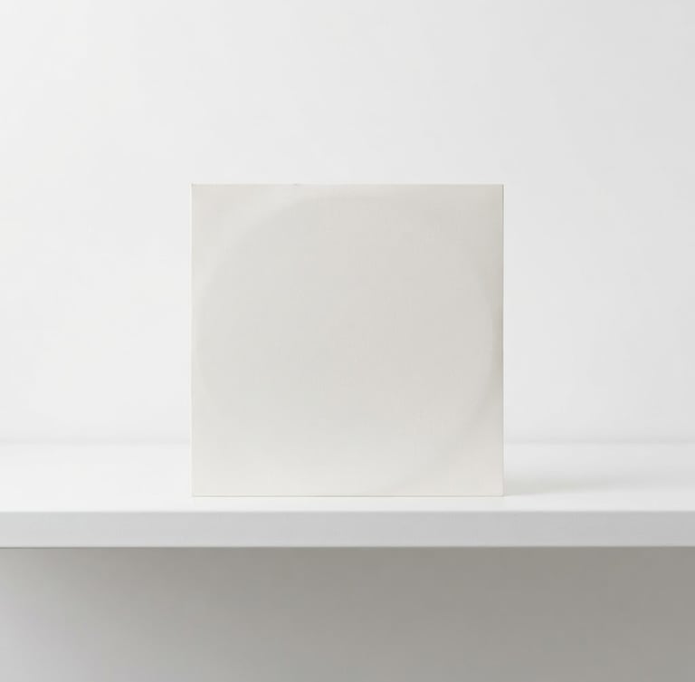 Straight-on orthographic studio shot of a pristine 7-inch vinyl compact sleeve resting on a sterile white metal shelf, sharp focus, bright even lighting