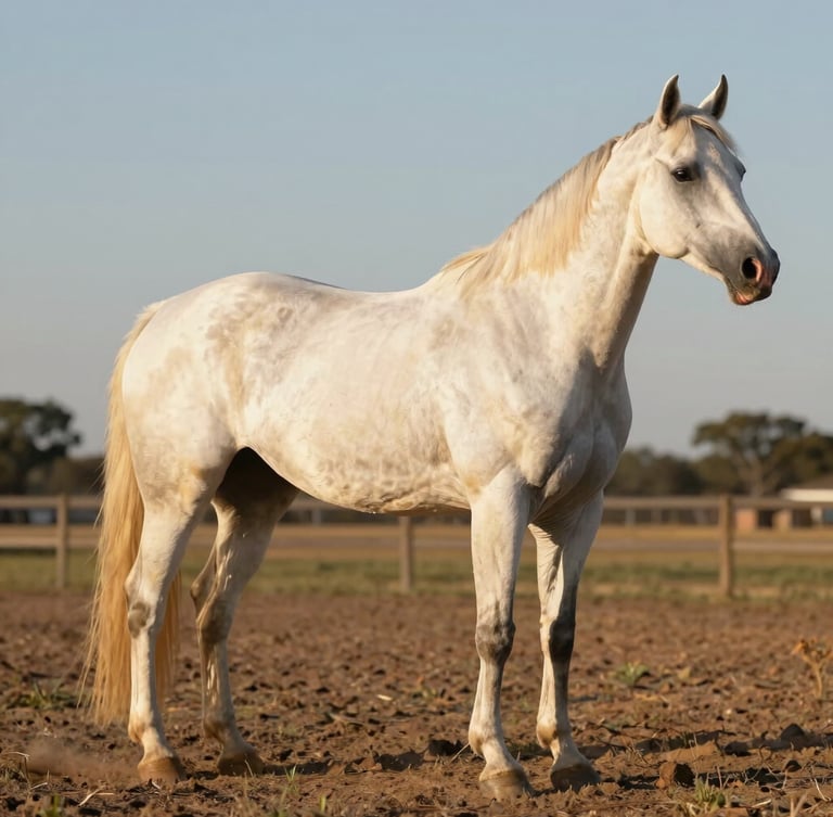 A powerful registration-type Paint mare standing naturally in an open Oklahoma pasture, golden hour light catching her muscular shoulder and clean bone structure, dusty ground below.