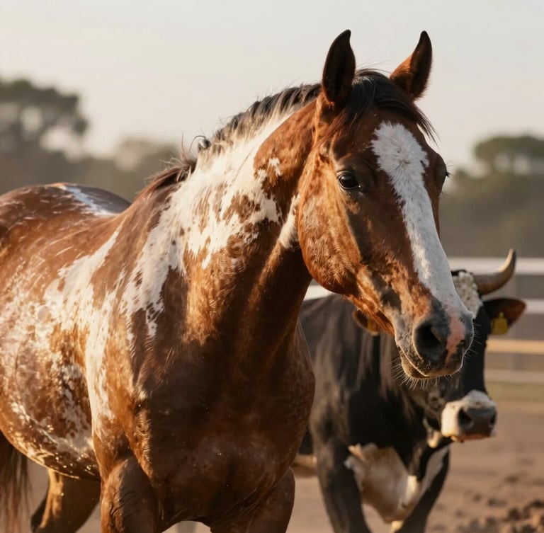 A striking close-up of a registered Paint horse working cattle in a dusty arena, muscles defined under golden hour light, ears locked forward on a steer.