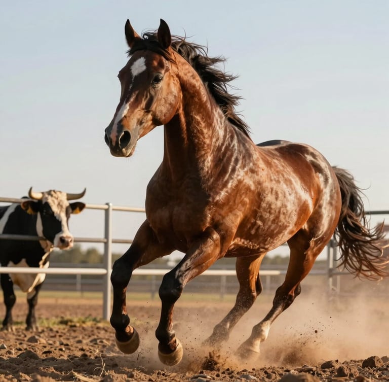 A close-up action shot of a paint horse turning a cow hard along the fence, kicked up arena dust, high-contrast Oklahoma golden hour lighting highlighting muscle definition.