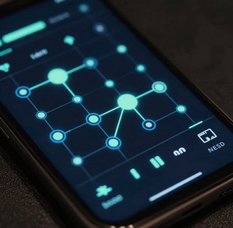 Abstract data node graph tracing digital fan signals, sleek mobile dashboard interface overlay, moody dark-mode tech photography, sharp neon-blue and mint backlighting, 35mm cinematic lens