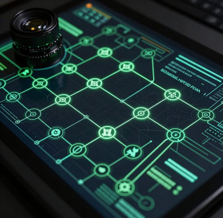 Abstract system architecture diagram showing deterministic logic pathways and stochastic nodes, glowing green lines on a dark obsidian background, 35mm lens