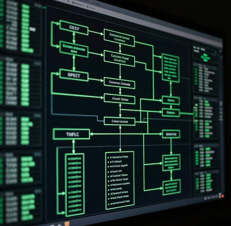 Dark technical photography of an abstract system architecture diagram on a glowing screen, low-key lighting with deep green undertones, high contrast, sharp focus