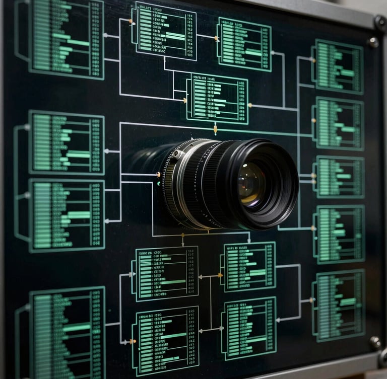 Macro close-up of high-density system architecture diagram on a dark glass board, cool green undertones, sharp focus, 35mm lens