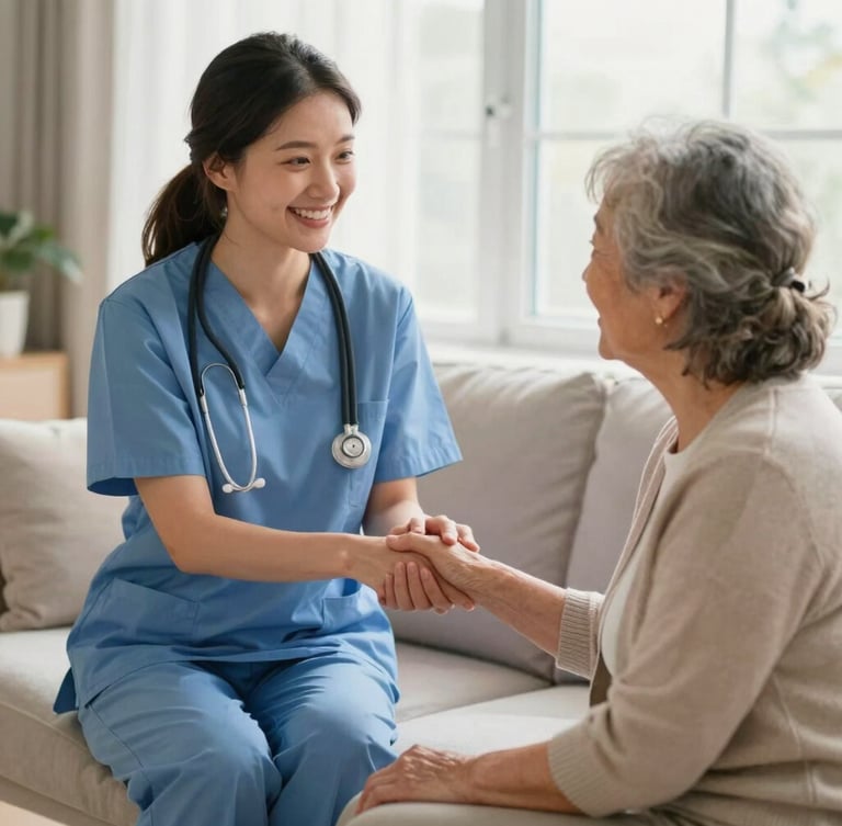 Dignified warm editorial photograph of a smiling female caregiver holding the hand of an elderly woman in a sunlit, modern living room, soft natural window light, authentic connection