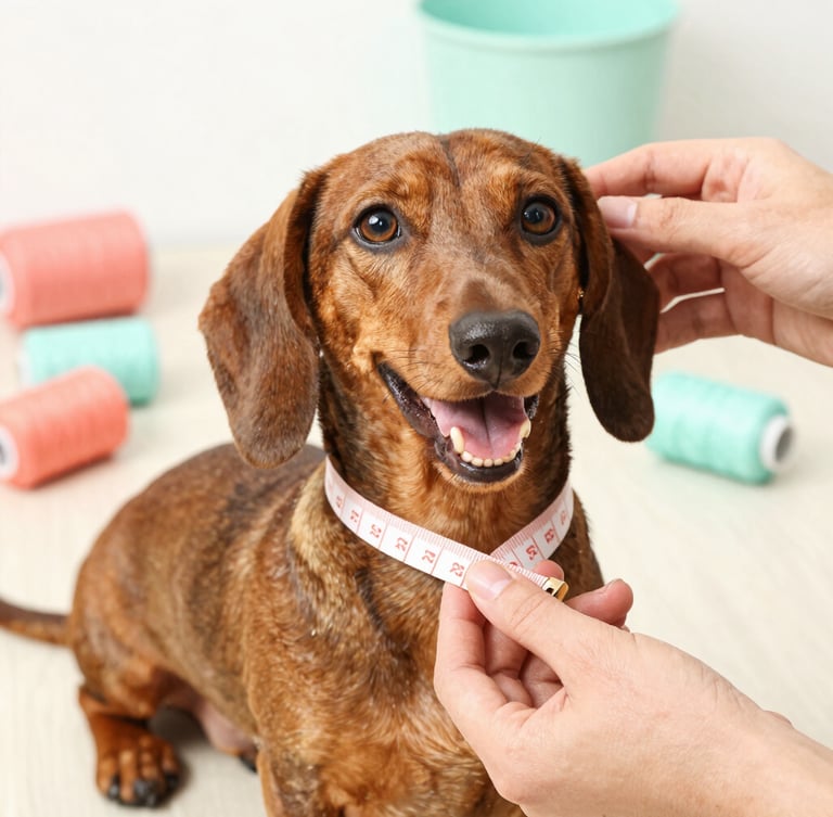 Close-up of hands gently measuring a happy dachshund with a soft tape measure, bright natural daylight, warm coral and soft mint sewing accessories in the background, eye-level medium shot