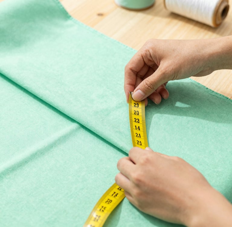 Close-up of artisan hands carefully measuring a soft mint green cotton fabric with a yellow tape measure, warm natural workshop light, shallow depth of field