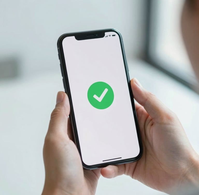 A close-up of hands holding a mobile phone showing a secure transaction screen with a green confirmation checkmark, soft natural light