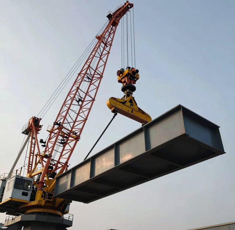 Low-angle heroic shot of a massive crawler crane lifting a structural steel girder, overcast morning light, gritty industrial atmosphere.