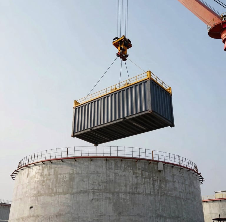 Low-angle heroic shot of a heavy-duty crane lowering a dark industrial battery storage container onto a massive, freshly-poured reinforced concrete foundation, overcast morning light.