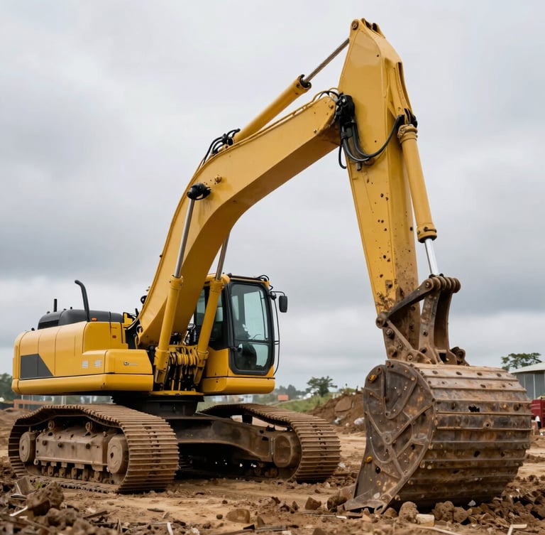 Low-angle heroic shot of a massive yellow excavator operating on an overcast morning, heavy earthworks site, high contrast