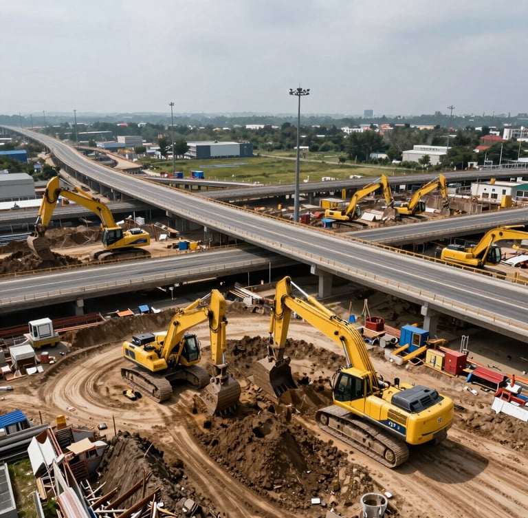 Wide-angle aerial shot of massive highway interchange construction, heavy yellow excavators working on raw earth, overcast daylight, high contrast, industrial scale