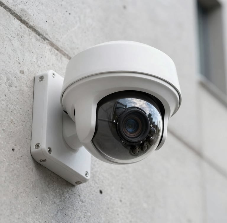 A close-up shot of a high-end dome security camera professionally mounted on a modern concrete wall, sharp focus, natural daylight, technical precision