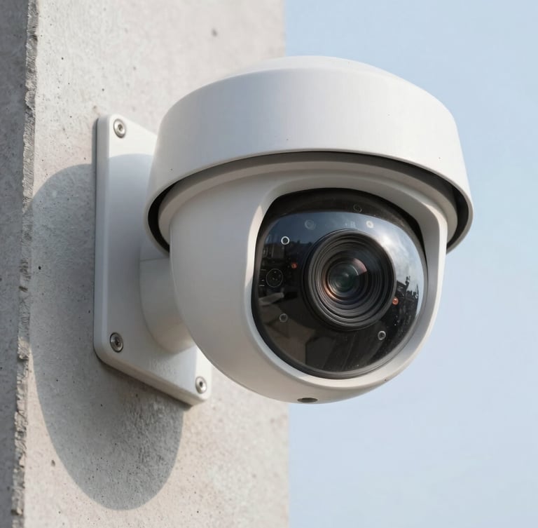 Close-up detail of a professionally installed high-definition dome security camera on a clean concrete pillar, sharp focus on the camera lens, bright daylight.
