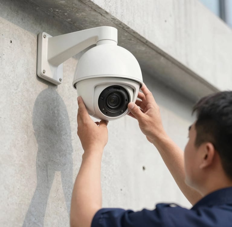 Close-up of a professional security technician in a clean uniform calibrating a high-end dome CCTV camera mounted on a concrete wall, bright natural daylight, technical precision