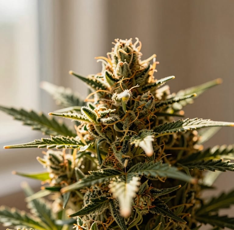 Macro close-up of pristine cannabis flower showing glowing trichomes under warm, directional natural window light, shallow depth of field.
