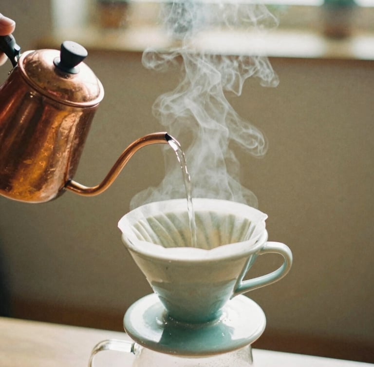 Close-up of hand pouring hot water from a copper kettle into a ceramic V60 dripper, soft morning light, steam rising, natural oak background, 35mm film style